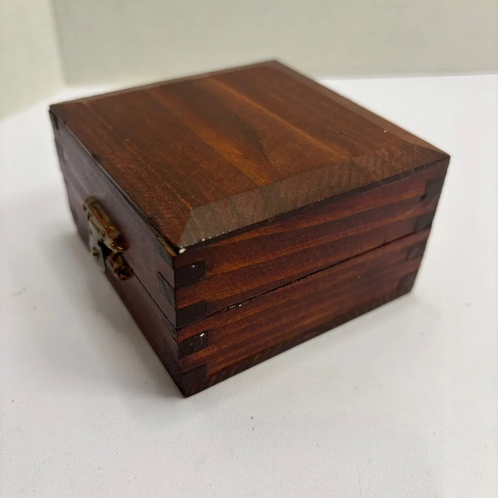 Small Vintage Wooden Trinket Box Dark Brown Beveled Lid Jewelry Keepsake Chest